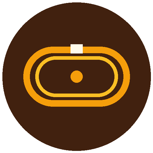 Oval track emblem in amber on a dark brown ground